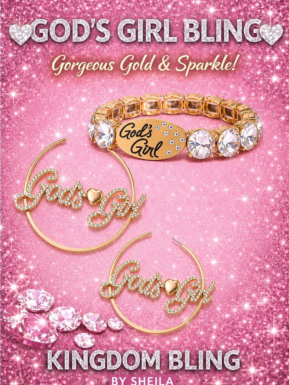 Gold Crystal 'God's Girl' Script Hoop Earrings